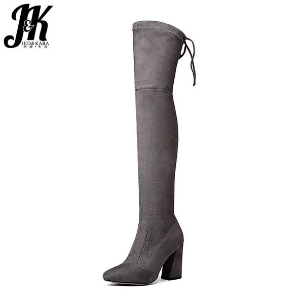 

boots jk latest big size 34-43 flock woman over the knee boot thick high heel lady long fashion female shoes women, Black