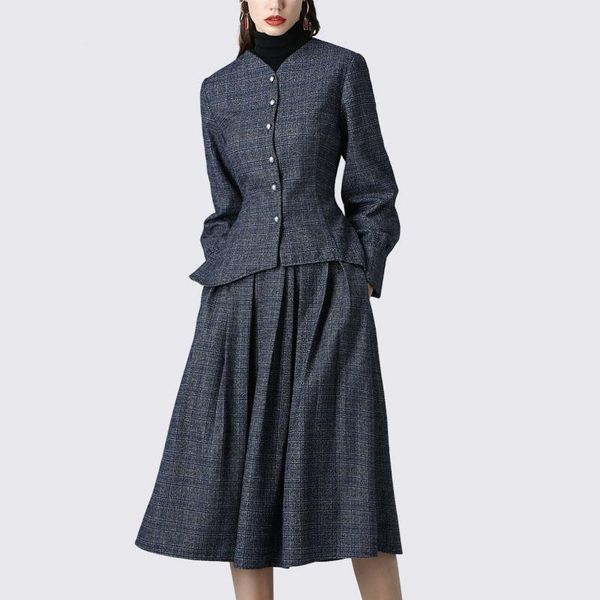 

2020 winter women wool 2 pieces set and skirt vintage blue plaid jacket coat + long pleated skirt plus size ladies outfits, Gray
