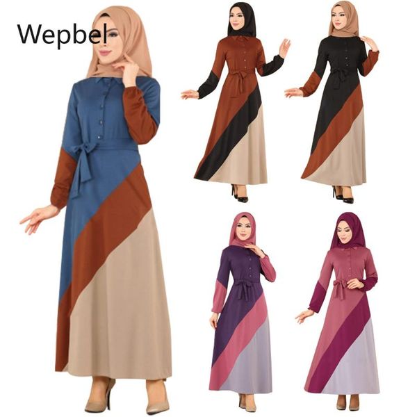 

wepbel patchwork women muslim dress contrast color long dress abaya lapel clinch lace-up malay clothing arab clothing, Black;gray