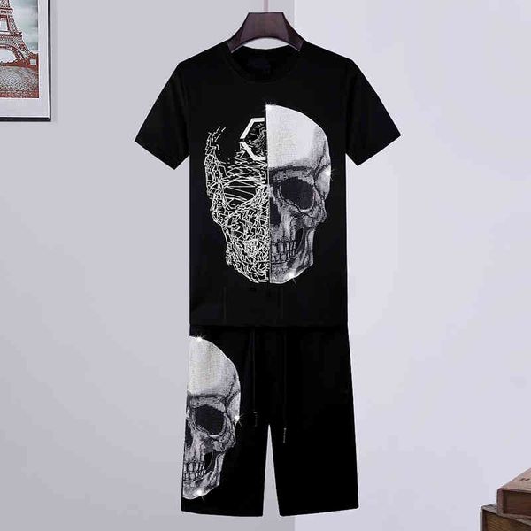 

skull 100% cotton t shirts+pants 2 piece sets mens summer solid crystal t-shirt casual punk tracksuits letter tee clothing short sleeve, Gray