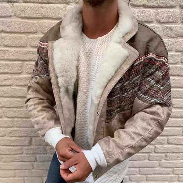 

men's jackets 2021 suede stitching fur coat color block lapel long sleeve fleece buttons coats winter warm patchwork outwear1, Black;brown