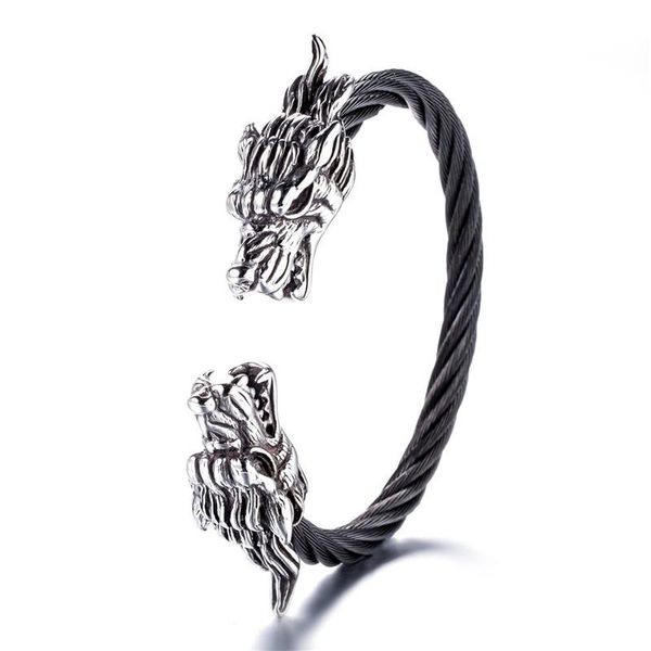 

hip hop jewelry steampunk double dragon head cuff bracelets for women pulseira feminia wholesale stainless steel men bangles, Black