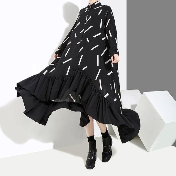 

2021 spring and autumn new chic shirt and large swing dress female mid-length striped long-sleeved shirt dress w23, Black;gray
