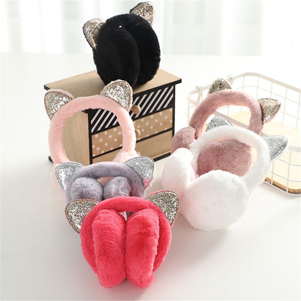

cat foldable girl warm 2021winter earmuffs women fur plush ear warmer muffs sequins glitter headband cartoon earlap