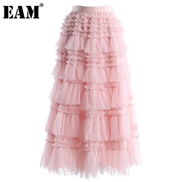 

skirts [eam] ruffled mesh cake pleated big hem brown color high waist half-body skirt women fashion tide spring autumn 2021 1dd3228, Black