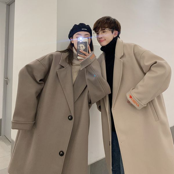 

couple's clothing 2020 winter new youth medium length tweed korean men's loose solid color windbreaker coat, Tan;black