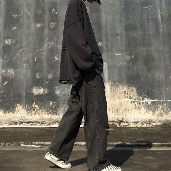 

wholesale 2020 smoky gray jeans men's straight loose elastic waist trendy brand ruffian handsome street ripped wide leg trousers, Blue