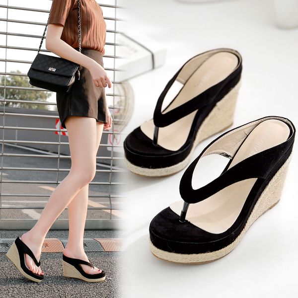 

summer new waterproof platform thick bottom slope with herringbone sandals and slippers women sandals and slippers, Black