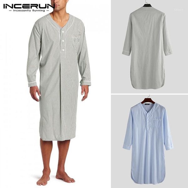 

men fashion striped sleep robes long sleeve v neck buttons nightclothes man casual pockets breathable pajama bathrobes plus size1, Black;brown