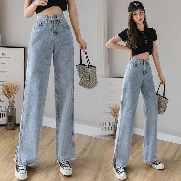 

fashion side slit high waist wide leg drape mopping jeans women's spring summer new slim straight trousers trend drop shipping, Blue