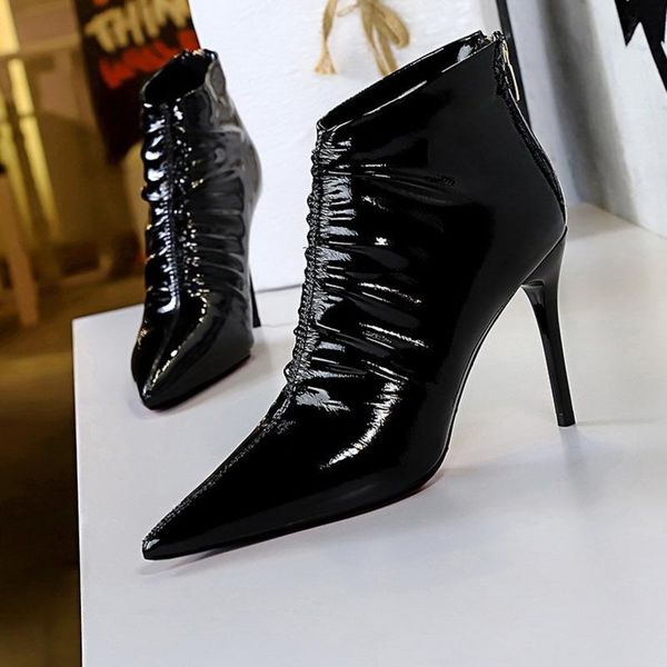 

winter women thin heel boots fashion patent leather ladies shoes pointed toe ankle booties 2021 new shoes, Black