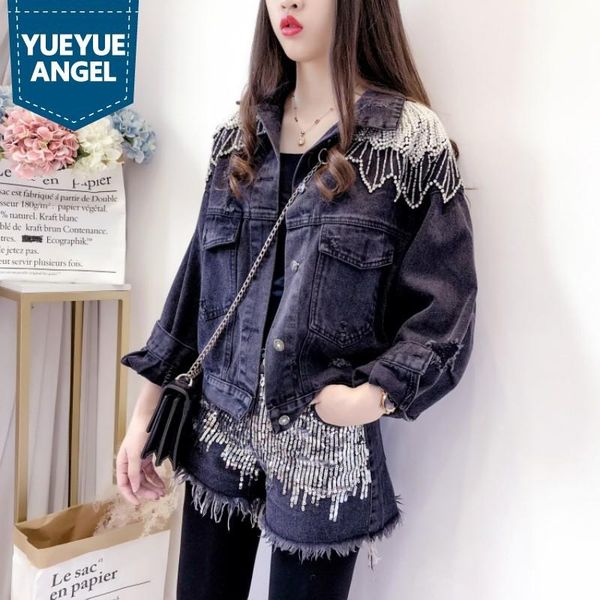 

women's jackets euro embroidered flares tassel womens autumn denim long sleeve single breasted hole ripped loose outerwear short coats, Black;brown