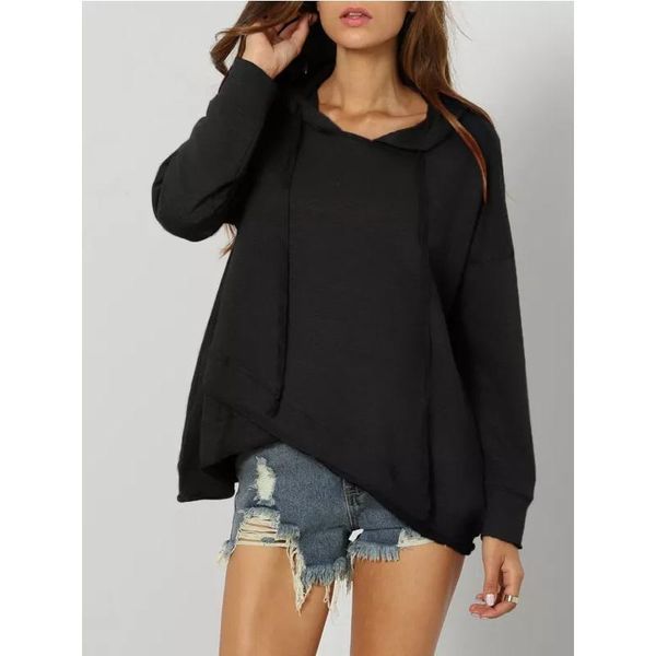 

womens autumn casual pullover long sleeve irregular hem cross loose lightweight hooded sweatshirt jumper tunic, Black