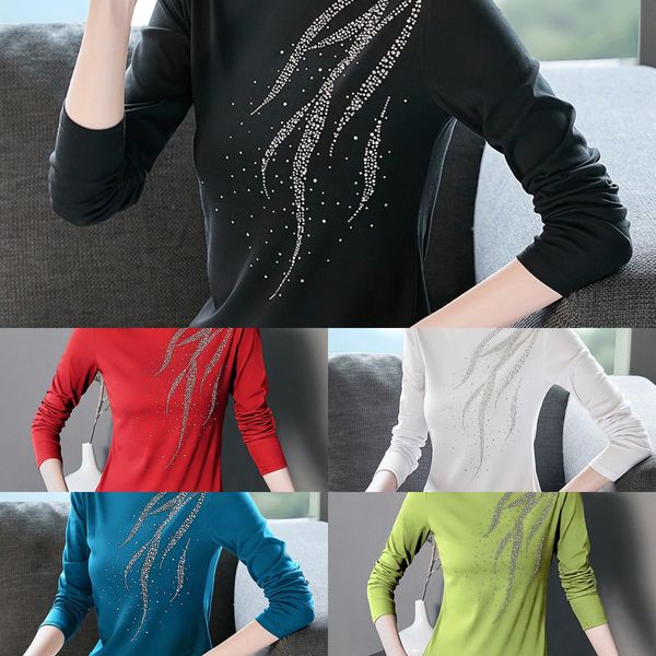 

simple and fashionable wear inside and outside rib cotton half high collar with diamond bottomed long sleeve t-shirt shirt diamond shirtwome, White