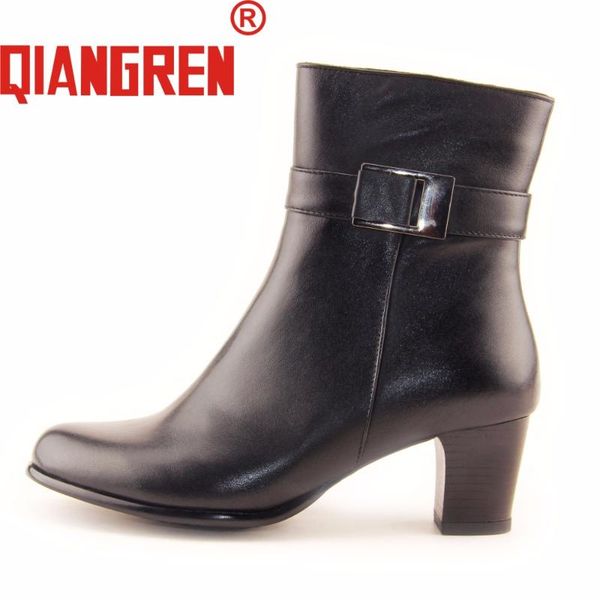 

qiangren brand women's autumn winter high heels genuine leather wool rubber black boots ladies madam shoes officer botas militar