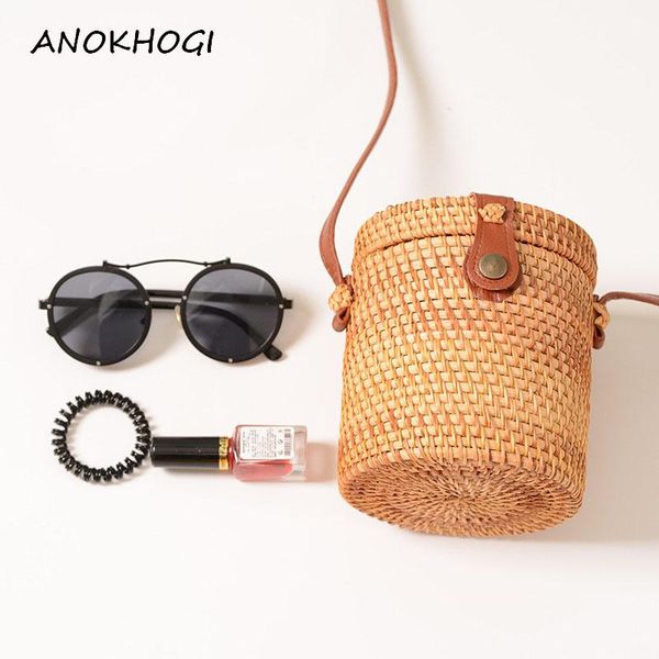 

bucket shaped women mini rattan bags woven weave handmade bohemia style vintage ladies shoulder bag beach crossbody bags b60