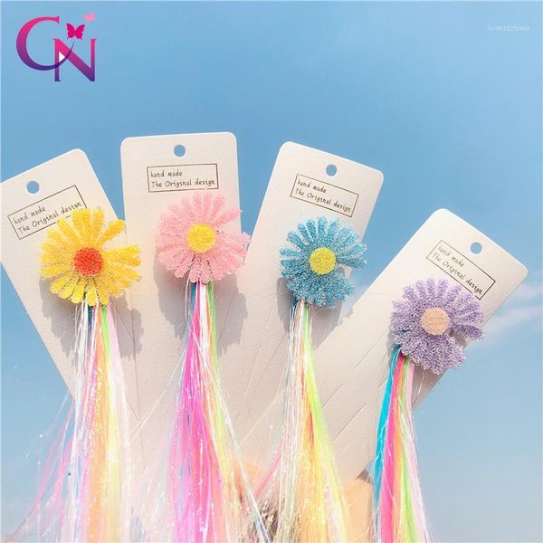 

cn fashion daisy hair clips with long wig for girls kids glitter rainbow hair bows barrettes princess accessories1, Slivery;white