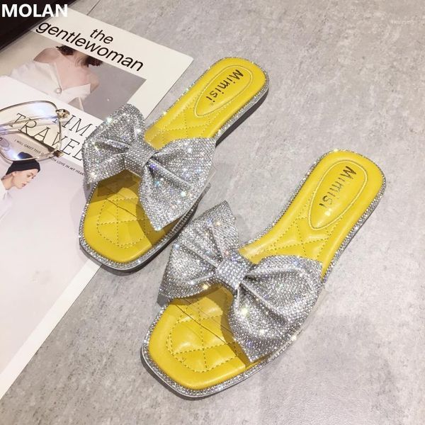 

slippers molan designers 2021 summer fashion bling crystal buttefly-knot soft bottom flat loafers mules flip flops1, Black
