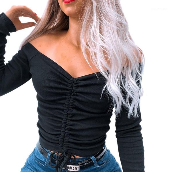 

women's polos women long sleeve off shoulder fashion drawstring solid color for ladies1, White