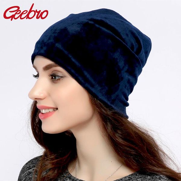 

geebro brand women's beanie hats casual velvet hats for women winter polyester skull beanie balaclava female hat for girls gb277, Blue;gray