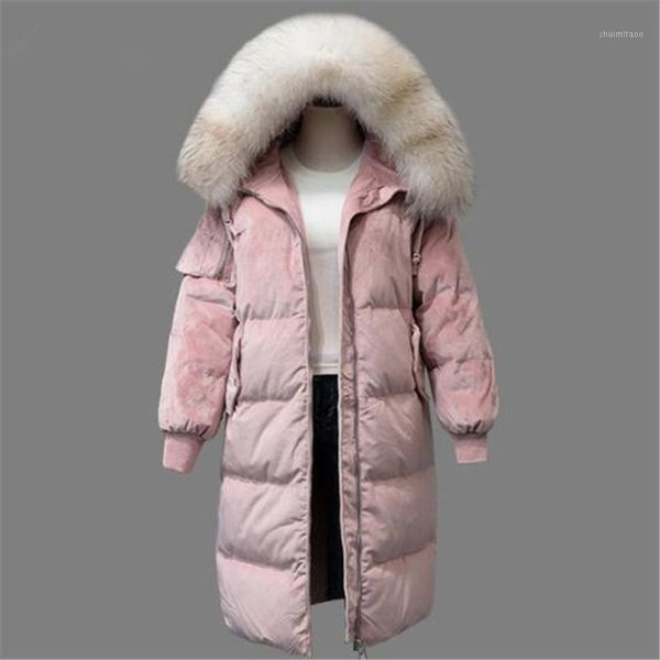 

2019 raccoon fur white duck down jacket woman winter feather coat long thicken warm velvet parka hooded outerwear1, Black