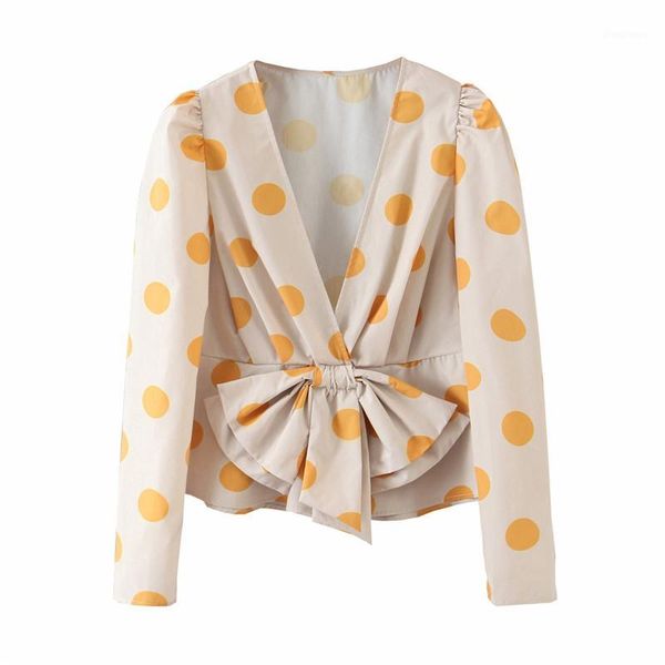 

stylish polka dot bow tie design blouses women v neck puff sleeve female shirts blusas chic 1, White