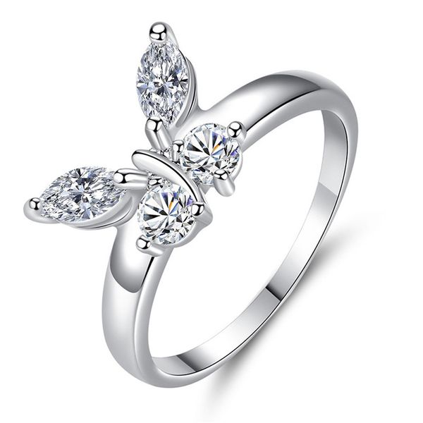 

stainless steel women butterfly ring shiny crystal zircon ring luxury geometric finger ring jewelry wedding party birthday gifts, Silver