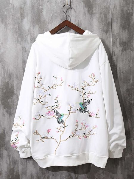 

chinese style plum blossom embroidery sweater men's hooded plush lovers autumn and winter fashion bf loose national trend embroidered c, Black