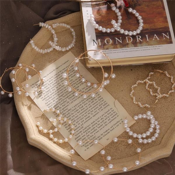 

hoop & huggie 2021 oversize pearl earrings fashion round circle for women elegant white imitation boho jewelry, Golden;silver