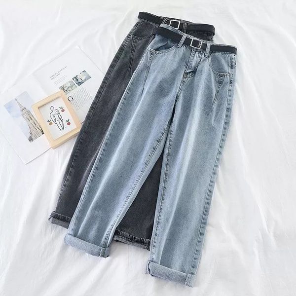 

korean high waist jeans women harem pants loose casual plus size high street denim trousers pantalon femme vintage with belt, Blue