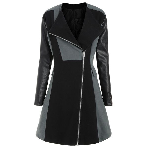 

woolen trench coat women autumn gray plus size 5xl street casual windbreaker goth pu leather sleeve ladies winter long overcoat 1031, Tan;black