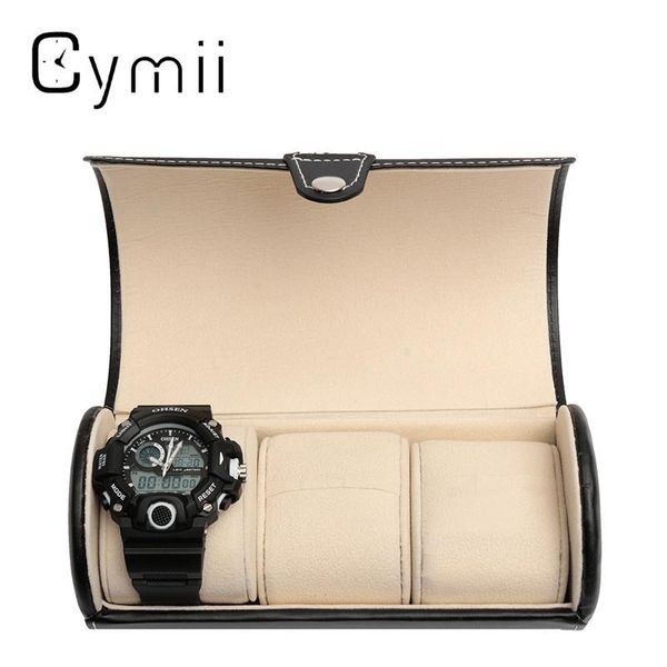 

watch boxes & cases black 3 slot cylindrical travel case leather roll jewelry storage holder watchbox collector organizer 19x9cm, Black;blue