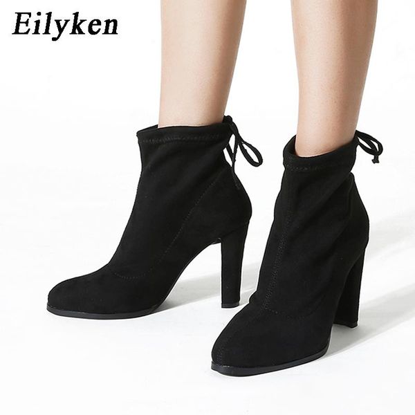 

eilyken 2020 new flock leather women ankle boots lace up high heels autumn woman shoes winter women boots size 35-40, Black