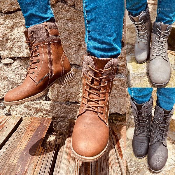 

2020 winter boots women basic ankle boots woman round toe zip platform boot female shoes warm lace up plush botas mujer1, Black