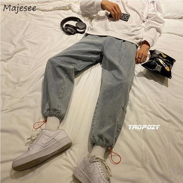 

men's jeans men solid pocket drawstring elastic waist all-match leisure loose chic denim korean style pencil males trendy trousers, Blue