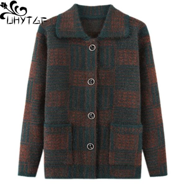 

uhytgf women's spring-autumn sweater jacket fashion plaid knitted sweater single-breasted cardigan women warm plus size coat 729, White