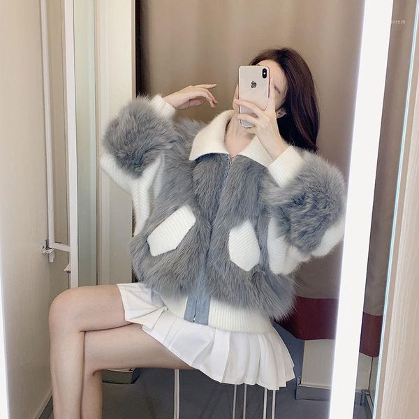 

women's fur & faux women 2021 winter fashion short patchwork zipper outwears female loose coats ladies fake jackets q5041, Black