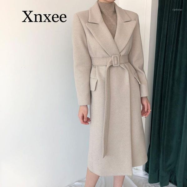 

woman coats winter wool long coat with belt office lady fashion lace up coats outerwear1, Black