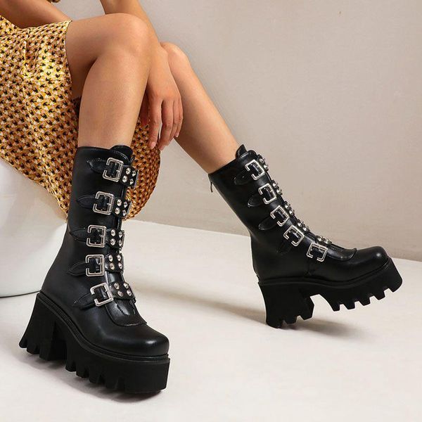 

new platform ankle boots women high heels martin boots back zipper motorcycle booties belt buckle decoration botines mujer 2020, Black