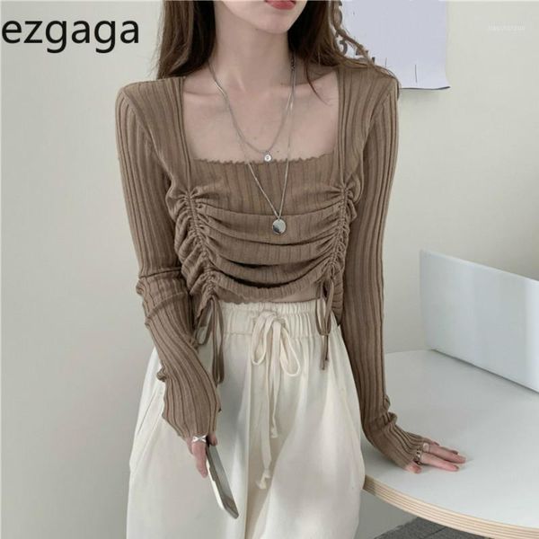 

ezgaga crop women autumn fashion square collar korean drawstring adjustable solid slim thin lady sweater pullover knitwear1, White;black