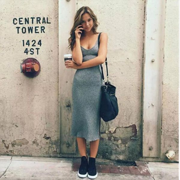

deep v neck spaghetti strap stretch midi dress women package hips side slit dresses summer vestido 3 colors designer clothes, Black;gray