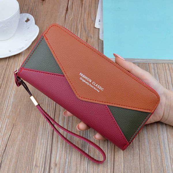 

long women wallets pu leather zipper coin purses geometric design clutch wallet female splice money credit card holder purse, Red;black