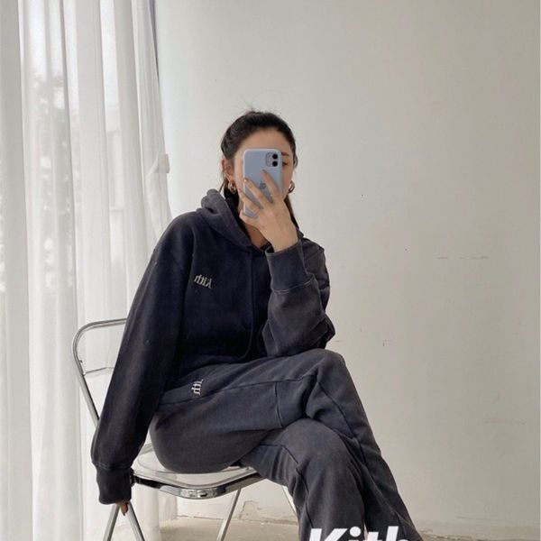 

2020kith all cotton trendy urban casual hooded long sleeve solid loose men's and women's couples suit, Black;green