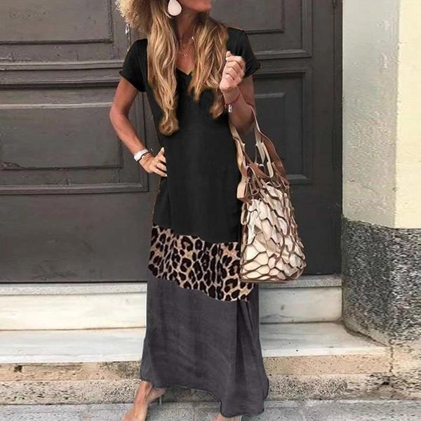 

vintage leopard long dress plus size loose beach summer dress fashion casual women dress long sleeve & short for choice, Black;gray