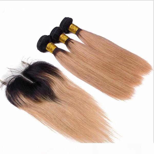 

9a virgin peruvian blonde ombre 3bundles with closure t#1b 144 dark roots hair weaves with closure silky straight blonde hair with closure, Black