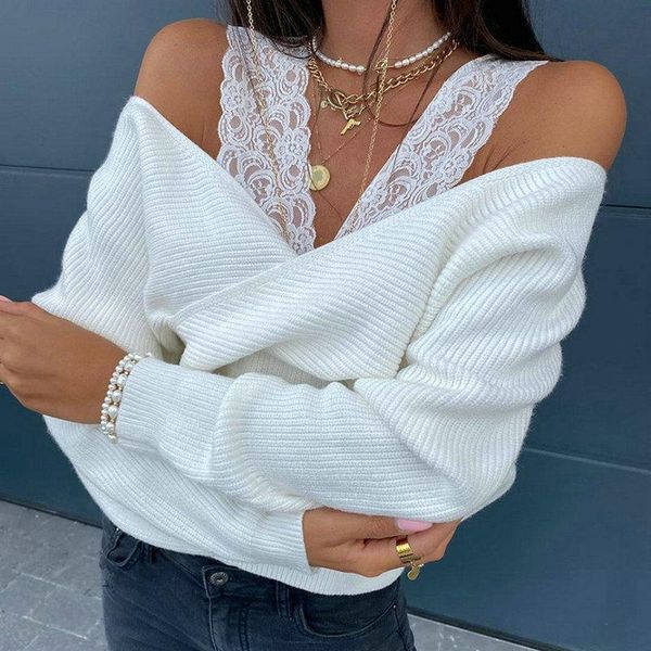 

women's sweaters qinjoyer women solid basic pullover long sleeve lace up knitted sweater v-neck casual ladies jumper soft top, White;black