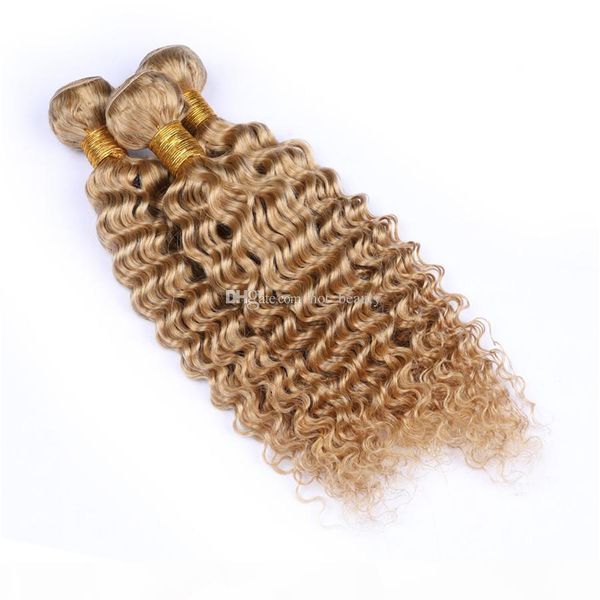 

brazilian virgin hair #27 color deep wave honey blonde bundles 3 bundles deals strawberry blonde curly wavy human hair extensions, Black