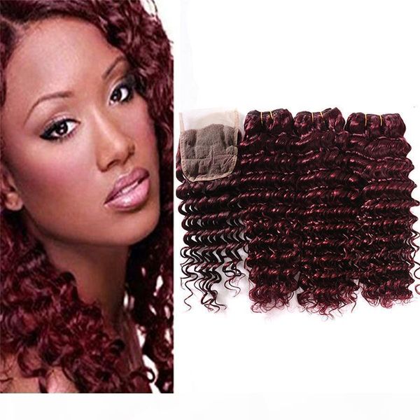 

99j brazilian hair with closure 4x4 red wine brazilian deep wave lace closure with bundles 99j human hair weft with closure, Black;brown