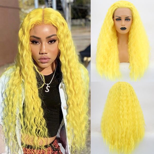 

charisma long yellow curly wig middle part synthetic lace front wig for women high temperature fiber hair cosplay wigs, Black;brown