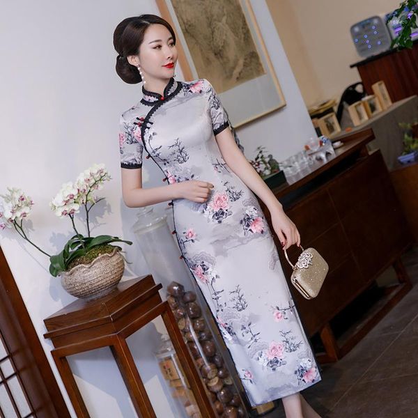 

plus size 4xl rayon traditional chinese women simple dress vintage lady floral long qipao summer cheongsam1, Red